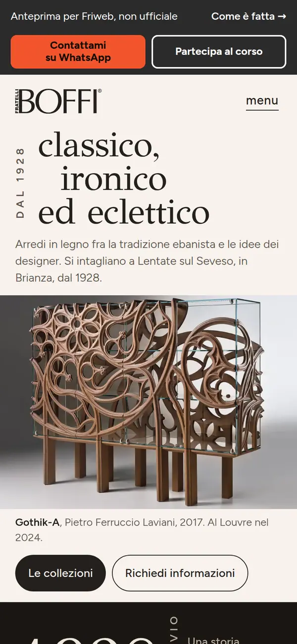 La home rifatta, dal telefono: il marchio, «classico, ironico ed eclettico» in Didot minuscolo, Gothik-A intera sul grigio dello studio con la didascalia sotto, i due comandi e il bordo dell'archivio con l'anno 1928