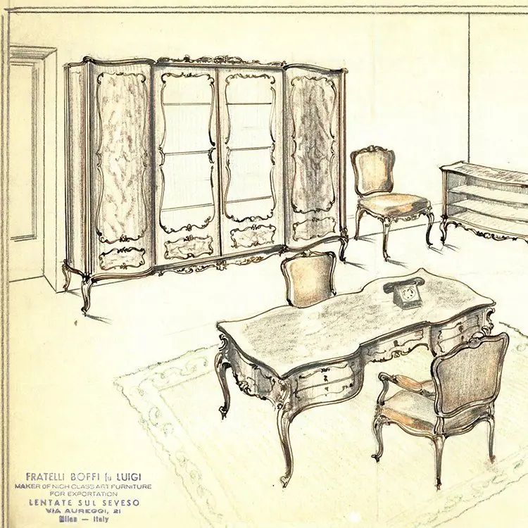 Disegno d'epoca su carta: una stanza arredata in stile, con vetrina, scrivania e poltrone, e l'intestazione «Fratelli Boffi fu Luigi, Lentate sul Seveso»