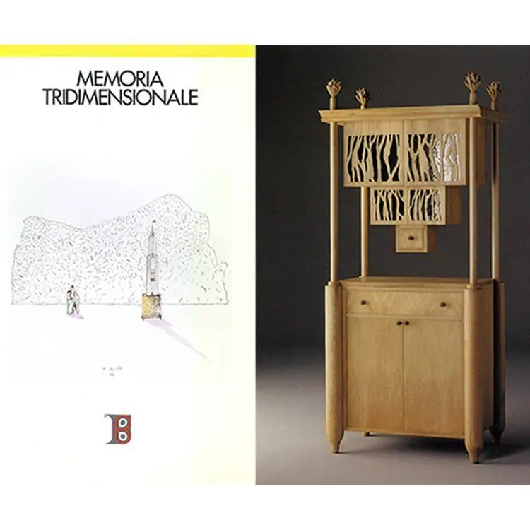 La copertina «Memoria tridimensionale» e un mobile di legno chiaro con un fregio traforato in cima